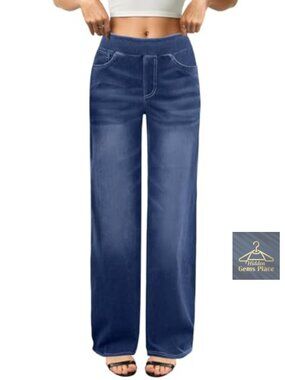 Wide Leg High Waisted Stretchy Pull On Jeans with Pockets